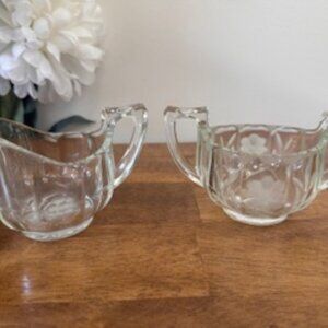 Vintage Etched‎ Floral Glass Cream and Sugar Set Clear Heavy Pressed Glass